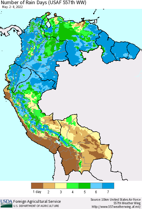 Northern South America Number of Rain Days (USAF 557th WW) Thematic Map For 5/2/2022 - 5/8/2022