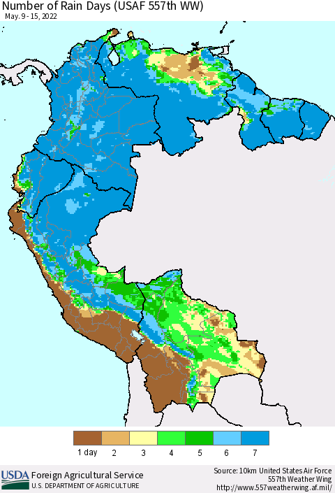 Northern South America Number of Rain Days (USAF 557th WW) Thematic Map For 5/9/2022 - 5/15/2022