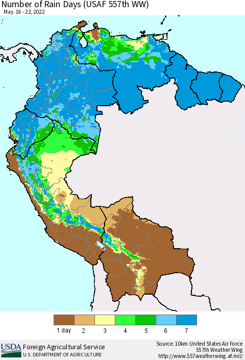 Northern South America Number of Rain Days (USAF 557th WW) Thematic Map For 5/16/2022 - 5/22/2022