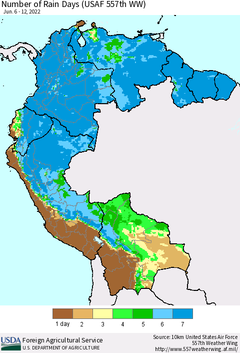 Northern South America Number of Rain Days (USAF 557th WW) Thematic Map For 6/6/2022 - 6/12/2022