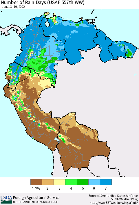 Northern South America Number of Rain Days (USAF 557th WW) Thematic Map For 6/13/2022 - 6/19/2022