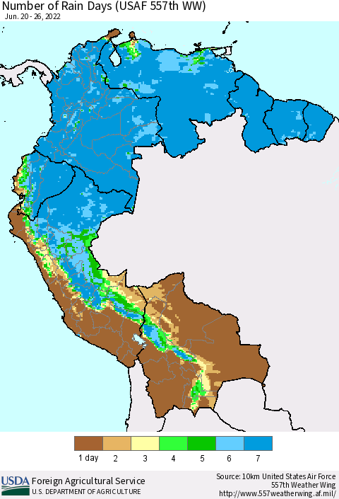 Northern South America Number of Rain Days (USAF 557th WW) Thematic Map For 6/20/2022 - 6/26/2022
