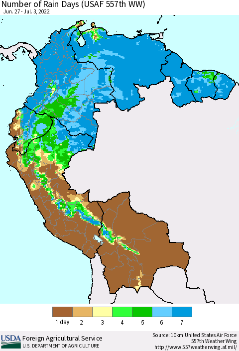 Northern South America Number of Rain Days (USAF 557th WW) Thematic Map For 6/27/2022 - 7/3/2022