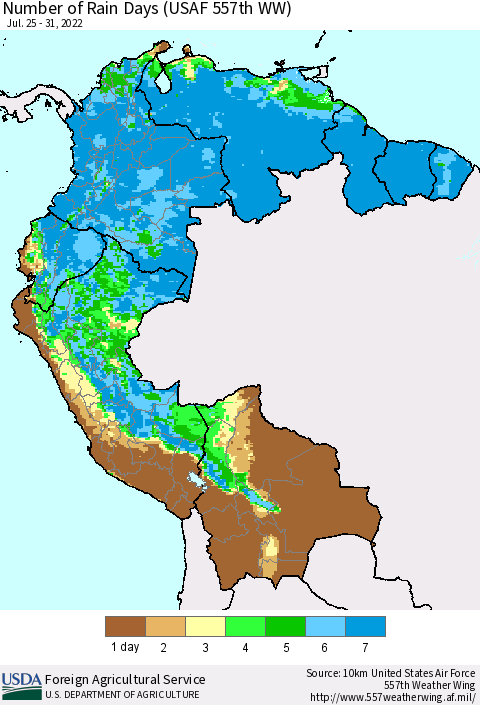 Northern South America Number of Rain Days (USAF 557th WW) Thematic Map For 7/25/2022 - 7/31/2022