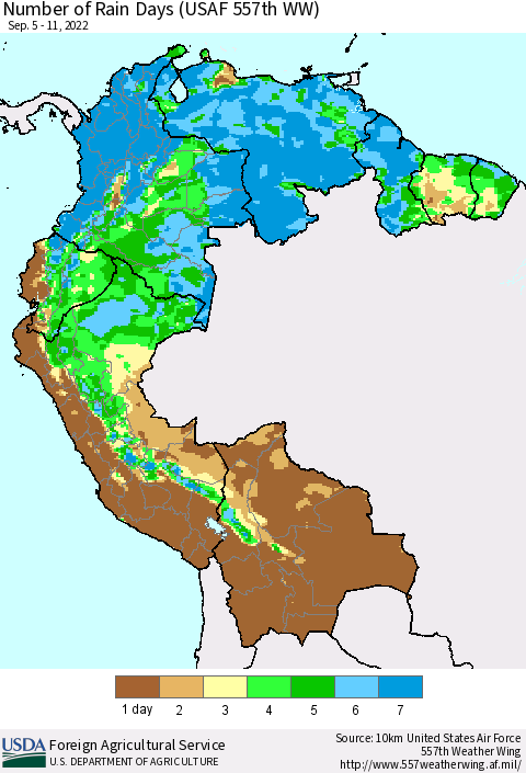 Northern South America Number of Rain Days (USAF 557th WW) Thematic Map For 9/5/2022 - 9/11/2022