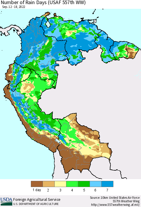 Northern South America Number of Rain Days (USAF 557th WW) Thematic Map For 9/12/2022 - 9/18/2022