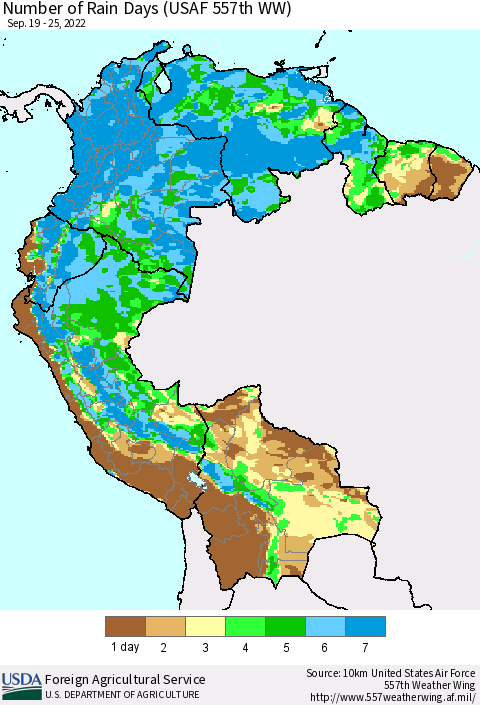 Northern South America Number of Rain Days (USAF 557th WW) Thematic Map For 9/19/2022 - 9/25/2022