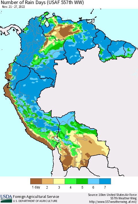 Northern South America Number of Rain Days (USAF 557th WW) Thematic Map For 11/21/2022 - 11/27/2022