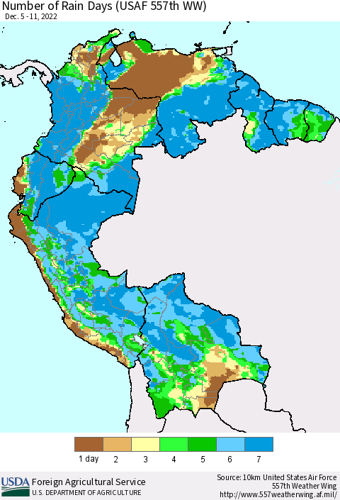 Northern South America Number of Rain Days (USAF 557th WW) Thematic Map For 12/5/2022 - 12/11/2022