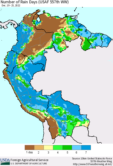 Northern South America Number of Rain Days (USAF 557th WW) Thematic Map For 12/19/2022 - 12/25/2022