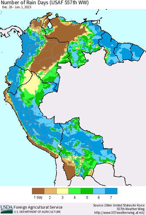 Northern South America Number of Rain Days (USAF 557th WW) Thematic Map For 12/26/2022 - 1/1/2023