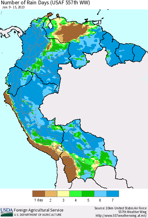 Northern South America Number of Rain Days (USAF 557th WW) Thematic Map For 1/9/2023 - 1/15/2023