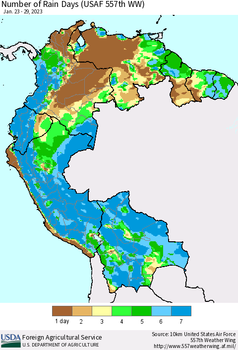 Northern South America Number of Rain Days (USAF 557th WW) Thematic Map For 1/23/2023 - 1/29/2023