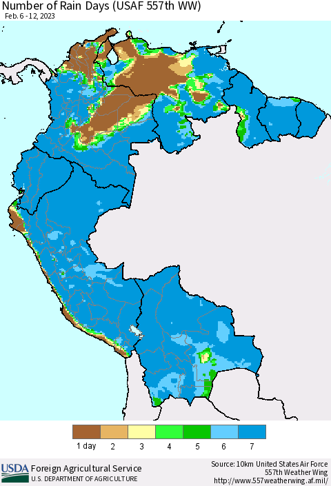 Northern South America Number of Rain Days (USAF 557th WW) Thematic Map For 2/6/2023 - 2/12/2023