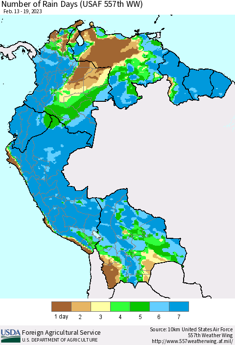 Northern South America Number of Rain Days (USAF 557th WW) Thematic Map For 2/13/2023 - 2/19/2023