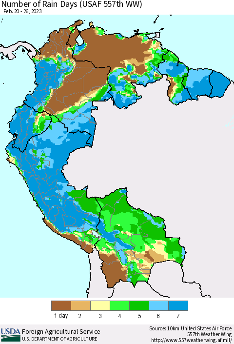 Northern South America Number of Rain Days (USAF 557th WW) Thematic Map For 2/20/2023 - 2/26/2023