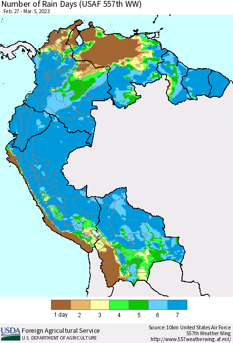 Northern South America Number of Rain Days (USAF 557th WW) Thematic Map For 2/27/2023 - 3/5/2023