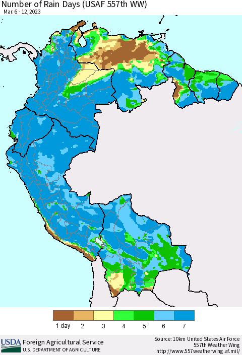 Northern South America Number of Rain Days (USAF 557th WW) Thematic Map For 3/6/2023 - 3/12/2023
