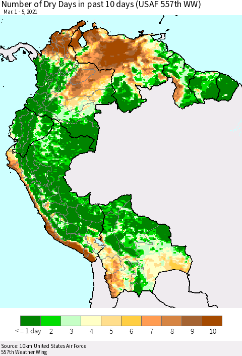 Northern South America Number of Dry Days in past 10 days (USAF 557th WW) Thematic Map For 3/1/2021 - 3/5/2021