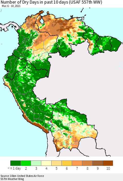 Northern South America Number of Dry Days in past 10 days (USAF 557th WW) Thematic Map For 3/6/2021 - 3/10/2021