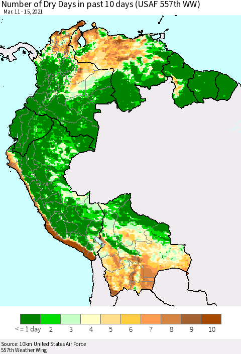 Northern South America Number of Dry Days in past 10 days (USAF 557th WW) Thematic Map For 3/11/2021 - 3/15/2021