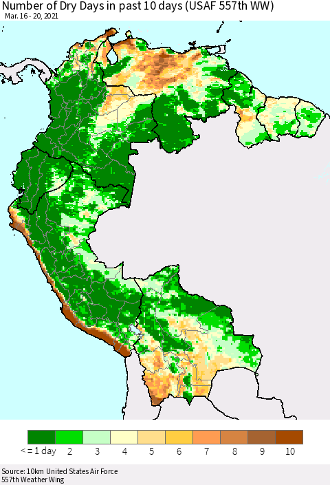 Northern South America Number of Dry Days in past 10 days (USAF 557th WW) Thematic Map For 3/16/2021 - 3/20/2021