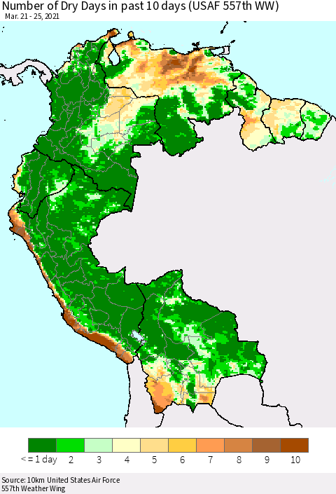 Northern South America Number of Dry Days in past 10 days (USAF 557th WW) Thematic Map For 3/21/2021 - 3/25/2021