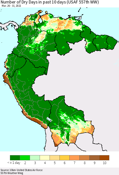 Northern South America Number of Dry Days in past 10 days (USAF 557th WW) Thematic Map For 3/26/2021 - 3/31/2021