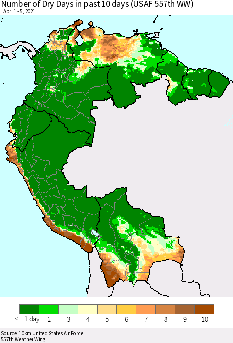 Northern South America Number of Dry Days in past 10 days (USAF 557th WW) Thematic Map For 4/1/2021 - 4/5/2021