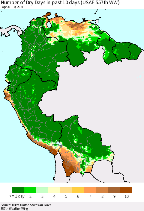 Northern South America Number of Dry Days in past 10 days (USAF 557th WW) Thematic Map For 4/6/2021 - 4/10/2021