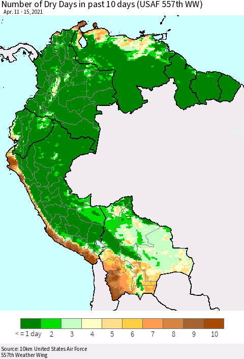 Northern South America Number of Dry Days in past 10 days (USAF 557th WW) Thematic Map For 4/11/2021 - 4/15/2021