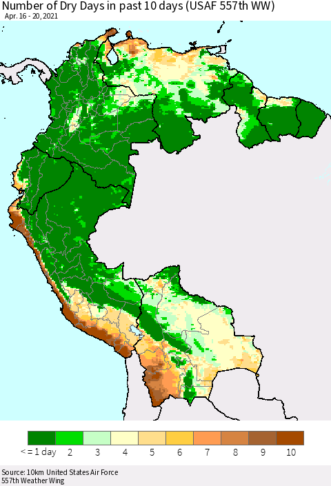 Northern South America Number of Dry Days in past 10 days (USAF 557th WW) Thematic Map For 4/16/2021 - 4/20/2021