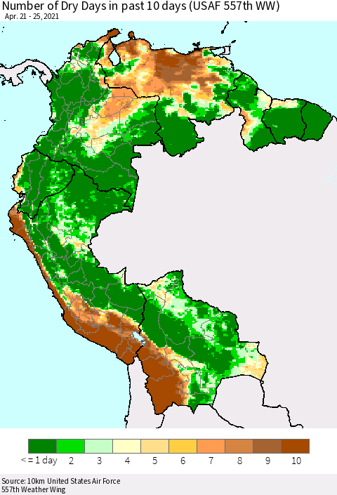 Northern South America Number of Dry Days in past 10 days (USAF 557th WW) Thematic Map For 4/21/2021 - 4/25/2021