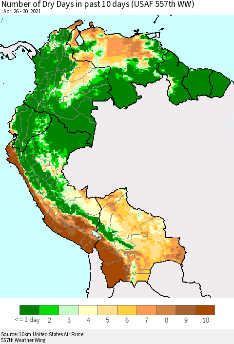 Northern South America Number of Dry Days in past 10 days (USAF 557th WW) Thematic Map For 4/26/2021 - 4/30/2021
