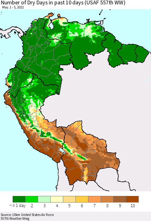 Northern South America Number of Dry Days in past 10 days (USAF 557th WW) Thematic Map For 5/1/2021 - 5/5/2021