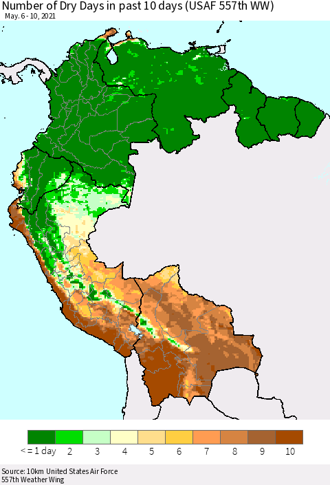 Northern South America Number of Dry Days in past 10 days (USAF 557th WW) Thematic Map For 5/6/2021 - 5/10/2021