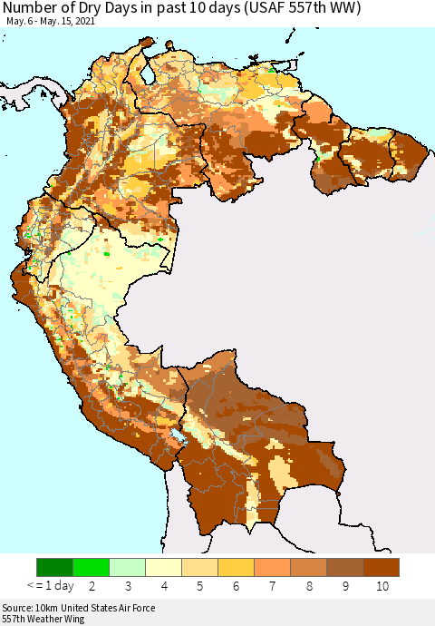 Northern South America Number of Dry Days in past 10 days (USAF 557th WW) Thematic Map For 5/11/2021 - 5/15/2021