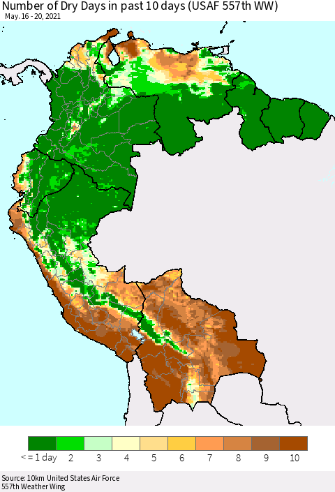 Northern South America Number of Dry Days in past 10 days (USAF 557th WW) Thematic Map For 5/16/2021 - 5/20/2021