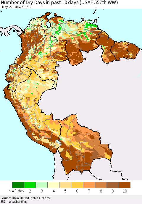 Northern South America Number of Dry Days in past 10 days (USAF 557th WW) Thematic Map For 5/26/2021 - 5/31/2021