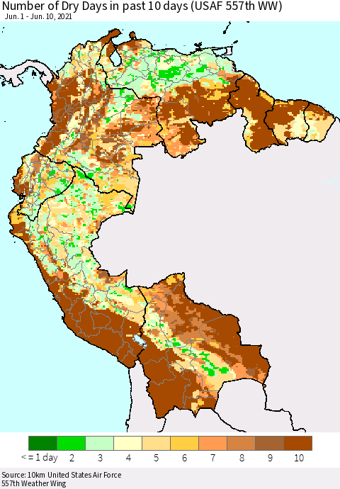 Northern South America Number of Dry Days in past 10 days (USAF 557th WW) Thematic Map For 6/6/2021 - 6/10/2021