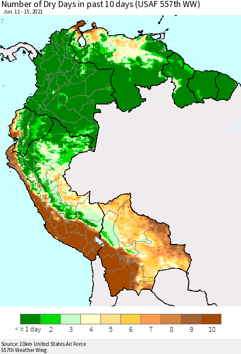 Northern South America Number of Dry Days in past 10 days (USAF 557th WW) Thematic Map For 6/11/2021 - 6/15/2021