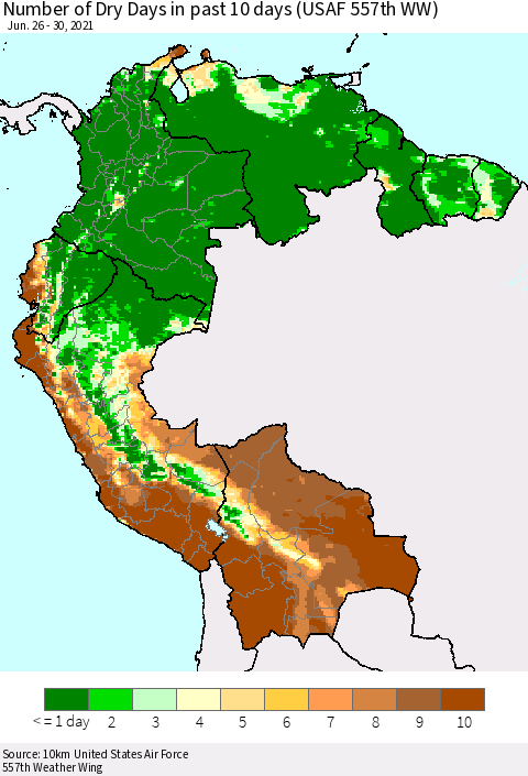 Northern South America Number of Dry Days in past 10 days (USAF 557th WW) Thematic Map For 6/26/2021 - 6/30/2021