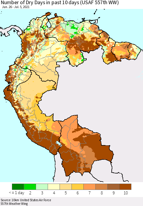 Northern South America Number of Dry Days in past 10 days (USAF 557th WW) Thematic Map For 7/1/2021 - 7/5/2021