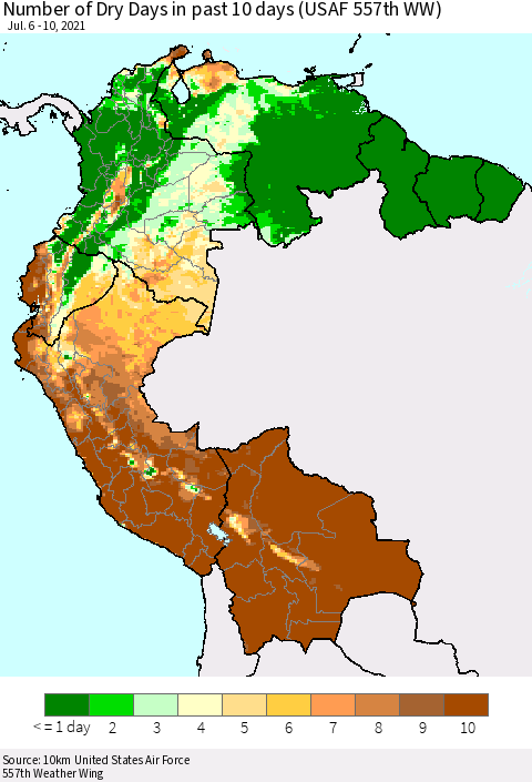 Northern South America Number of Dry Days in past 10 days (USAF 557th WW) Thematic Map For 7/6/2021 - 7/10/2021