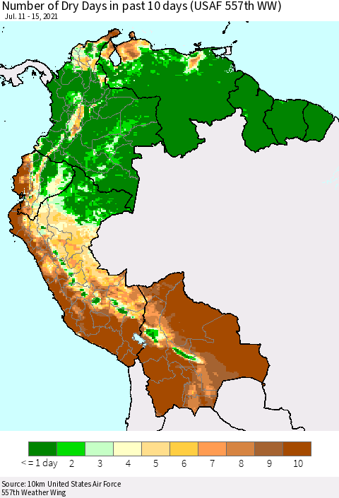 Northern South America Number of Dry Days in past 10 days (USAF 557th WW) Thematic Map For 7/11/2021 - 7/15/2021