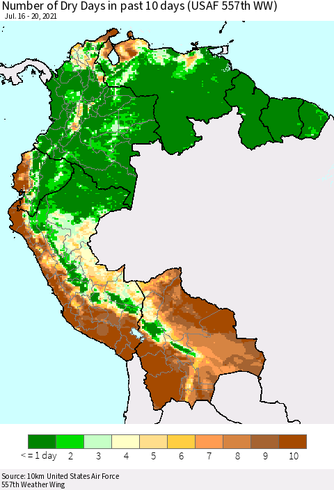 Northern South America Number of Dry Days in past 10 days (USAF 557th WW) Thematic Map For 7/16/2021 - 7/20/2021