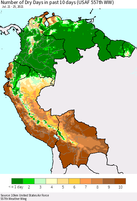 Northern South America Number of Dry Days in past 10 days (USAF 557th WW) Thematic Map For 7/21/2021 - 7/25/2021