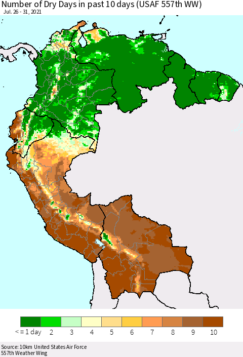 Northern South America Number of Dry Days in past 10 days (USAF 557th WW) Thematic Map For 7/26/2021 - 7/31/2021