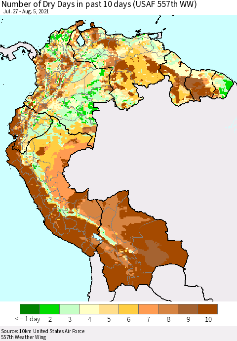 Northern South America Number of Dry Days in past 10 days (USAF 557th WW) Thematic Map For 8/1/2021 - 8/5/2021