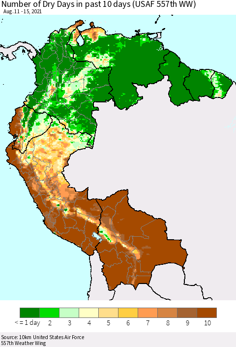 Northern South America Number of Dry Days in past 10 days (USAF 557th WW) Thematic Map For 8/11/2021 - 8/15/2021